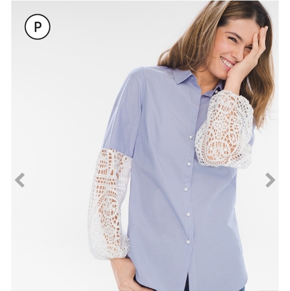 Chico's Blue Stripe Lace Balloon Sleeves Pearl Button Shirt Womens Size 4 (XXL) - Picture 6 of 7
